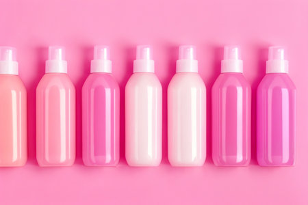 A perfume or a bottle for cosmetics on a pink background. Generative AI.の素材