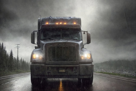 A truck is driving on the road. Dark dramatic landscape with forest as background, gloomy sky, rainy clouds. Generative AI.の素材