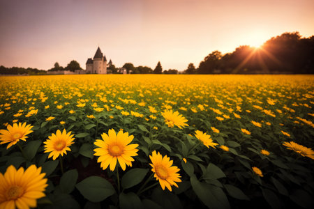 Flower garden, flowerbed close-up near old house, landscaping, beautiful nature in summer. Generative AI.の素材