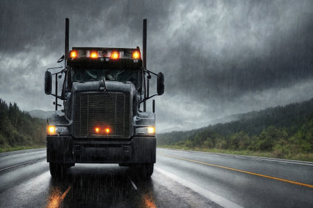 A truck is driving on the road. Dark dramatic landscape with forest as background, gloomy sky, rainy clouds. Generative AI.の素材