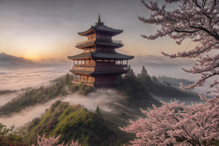 Sakura blossoms in japanese style ornamental garden, beautiful landscape. Generative AI.の素材