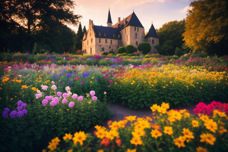 Flower garden, flowerbed close-up near old house, landscaping, beautiful nature in summer. Generative AI.の素材