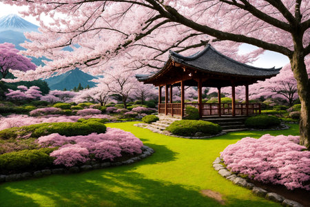 Sakura blossoms in japanese style ornamental garden, beautiful landscape. Generative AI.の素材
