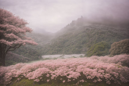 Sakura blossoms in japanese style ornamental garden, beautiful landscape. Generative AI.の素材