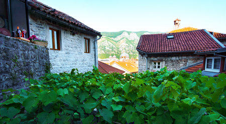 a courtyard of the old city of Kotor in Montenegro, medieval architecture, travelの写真素材