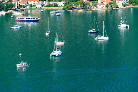 top view of the marina in Kotor, Montenegro, and the coast of the Bay of Kotor, the sea and European...