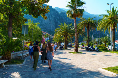 a crowd of tourists in a street of Kotor city Montenegro, a bright sunny day, mountains and palm...