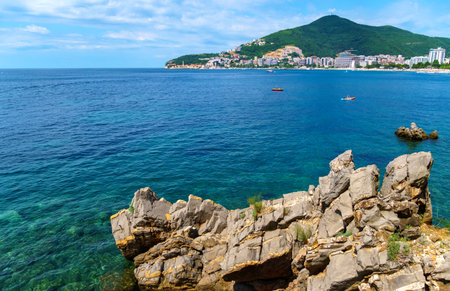 beautiful view of the seaside resort town and beaches, mountains, panorama of Budva in Montenegro, Adriatic Sea, tourism and summer travelの写真素材