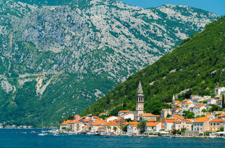 seascapes, a view of the Bay of Kotor during a cruise on a ship in Montenegro, a bright sunny day,...