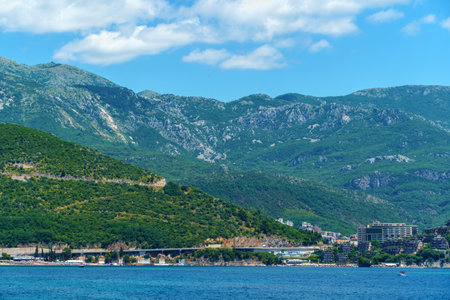 beautiful views of boats and the sea, mountains, tourism and summer travel, Montenegro, Adriatic Seaの写真素材
