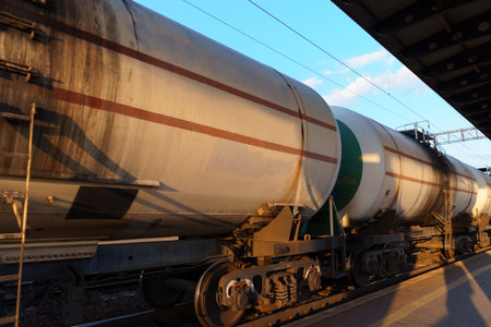 railway tank cars, station platform, concept of freight transportation by rail, industrial cargo transportの写真素材