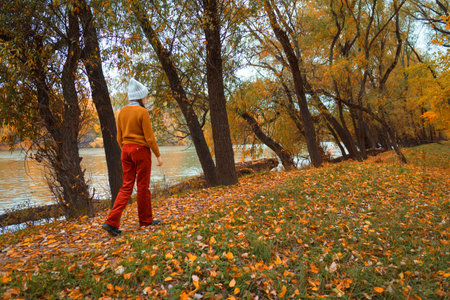 a young teenage girl walks through the autumn forest, walks through a glade and enjoys the beautiful...
