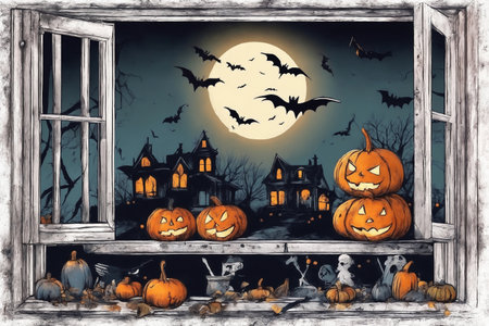 halloween holiday decorations, jack o lantern pumpkins and candles on a windowsill, flying bats outside the window, moonlit night, scary, dark magicの素材