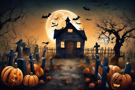 halloween, an old house at the end of a path through the cemetery, graves and pumpkins, mystical trees, flying bats on big full moon background, scary and fabulous, dark magicの素材