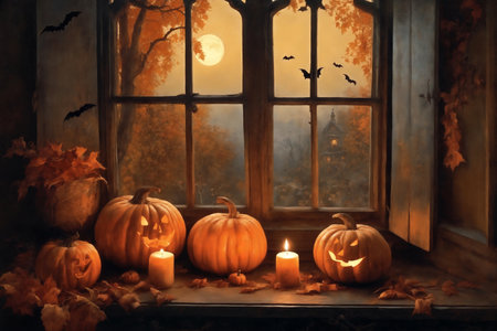decoration for halloween holiday, jack-o-lantern pumpkins and candles on a windowsill, flying bats outside the window, moonlit night, dark, scaryの素材