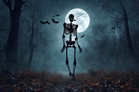 a skeleton walks along a path in a mystical forest on Halloween night, bats on the background of a large full moon in a dark sky, atmospheric and fabulousの素材