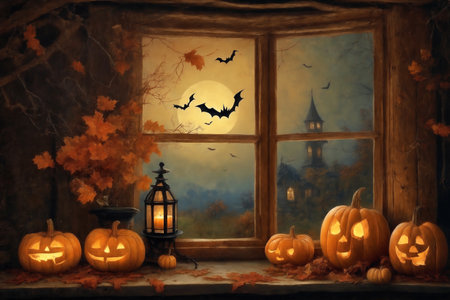 halloween holiday decorations, jack-o-lantern pumpkins and candles on a windowsill, flying bats outside the window, moonlit night, dark, scaryの素材