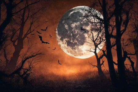 mystical forest on Halloween night, bats on the background of a big full moon in the dark sky, atmospheric and fairytaleの素材