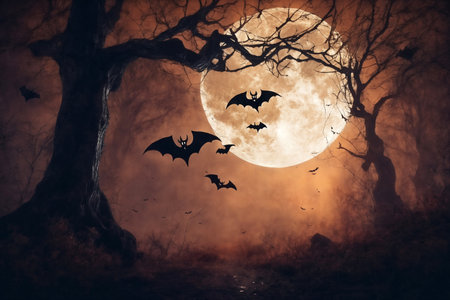 mystical forest on Halloween night, bats on the background of a big full moon in the dark sky, atmospheric and fairytaleの素材
