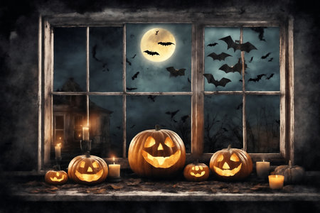decoration for halloween holiday, jack o lantern pumpkins and candles on a windowsill, flying bats outside the window, moonlit night, dark, witchcraft and scaryの素材