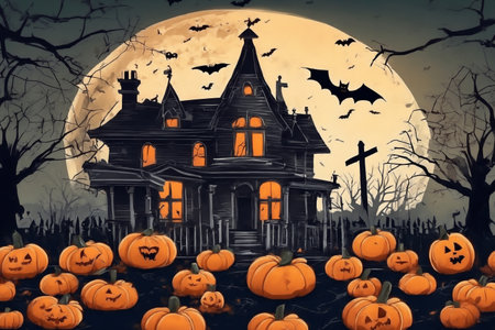 halloween night, old house in mystical forest, around pumpkins and flying bats, big full moon in dark sky, scary and fabulous, dark magicの素材