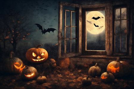 halloween holiday decorations, scary jack o lantern pumpkins and candles on a windowsill, flying bats outside the window, moonlit night, mystic and dark magicの素材