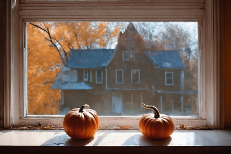 for halloween holiday, pumpkins on a windowsill and home with autumn landscape outside window, still life, festive backgroundの素材