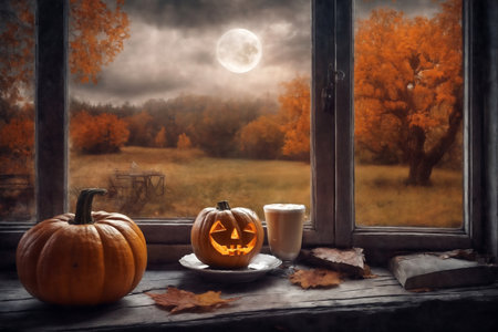 for halloween holiday, decoration with latte and pumpkins on a windowsill, beautiful autumn landscape outside the window, still life, festive backgroundの素材