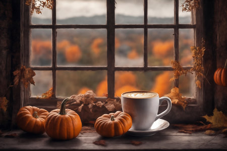 decoration for halloween holiday, still life, a cup of hot latte and pumpkins on a windowsill, beautiful autumn landscape outside the window, rural, festive backgroundの素材