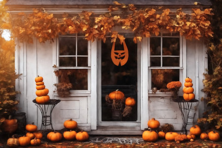 for the halloween holiday, the exterior of the old wooden house is decorated with pumpkins and leaves, holiday backgroundの素材