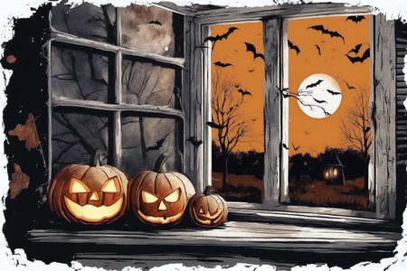 halloween holiday decorations, jack o lantern pumpkins and candles on a windowsill, flying bats outside the window, moonlit night, scary, dark magicの素材