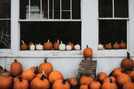 for the halloween holiday, the exterior of the old wooden house is decorated with pumpkins and leaves, holiday backgroundの素材