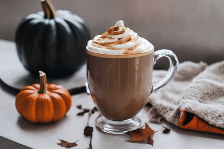 halloween still life with latte, decorations and pumpkins , holiday backgroundの素材