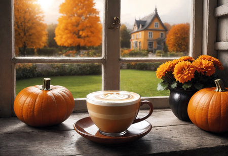 halloween still life with latte, decorations and pumpkins on windowsill, and a beautiful autumn view of the landscape outside the window, holiday backgroundの素材