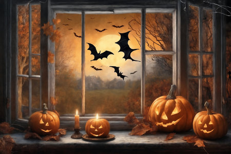 halloween holiday decorations, scary jack o lantern pumpkins and candles on a windowsill, flying bats outside the window, moonlit night, mystic and dark magicの素材