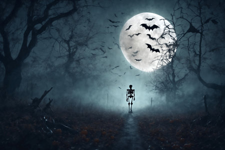 a skeleton walks along a path in a mystical forest on Halloween night, bats on the background of a large full moon in a dark sky, atmospheric and fabulousの素材