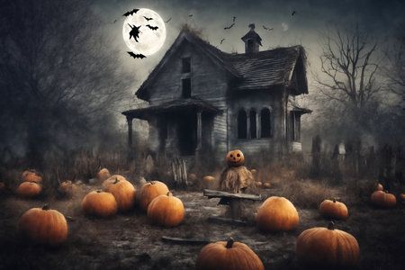 halloween, scarecrow on the path in front of the old house, around the grave and cemetery with pumpkins, mystical forest, flying bats on big full moon background, scary and fabulous, dark magicの素材