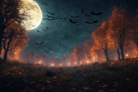 mystical forest on Halloween night, bats on the background of a big full moon in the dark sky, atmospheric and fairytaleの素材