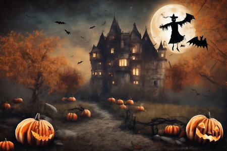 halloween, scarecrow in front of the old house, around pumpkins and mystical forest, flying bats on big full moon background, scary and fabulous, dark magicの素材