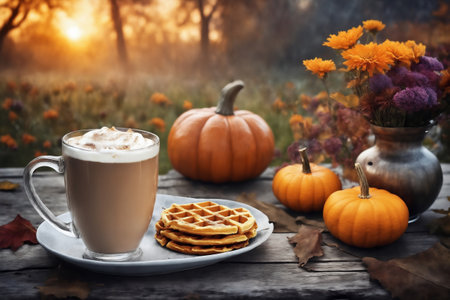 still life of a cup of hot latte and cookies and pumpkins on an old wooden table against the background of beautiful autumn nature at sunset, decoration for Halloweenの素材