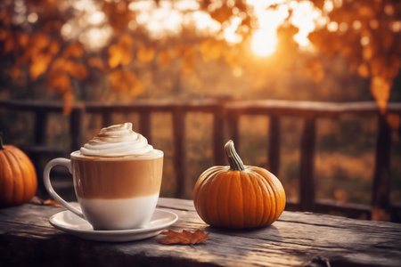still life of a cup of hot latte and pumpkins on an old wooden table against the background of beautiful autumn nature at sunset, decoration for Halloweenの素材