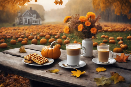 still life of a cup of hot latte and cookies and pumpkins on an old wooden table against the background of beautiful autumn nature at sunset, decoration for Halloweenの素材