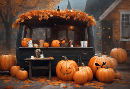 halloween street coffee and souvenir shop, decoration with pumpkins, lamps and leaves on a city streetの素材