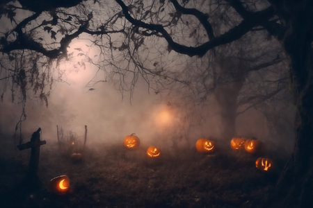 mystical forest on Halloween night, big full moon in the dark sky, a glade with moss, roots, atmospheric and fairytaleの素材