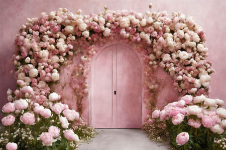 The door of the house and the flowers in front of the door. Pink door, pink wall and plantsの素材