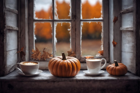 decoration for halloween holiday, still life, a cup of hot latte and pumpkins on a windowsill, beautiful autumn landscape outside the window, rural, festive backgroundの素材