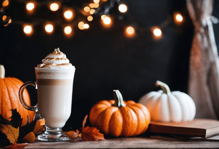 home decoration with latte and pumpkins on a wooden table, still life, cozy, halloween holiday background with lightsの素材