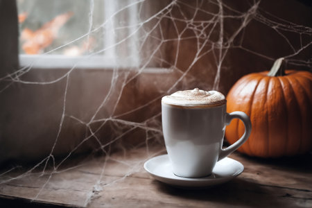 halloween decoration with latte and pumpkins on a wooden table, still life, cozy, holiday background with lightsの素材