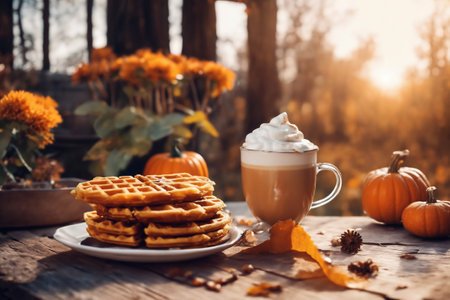 still life of a cup of hot latte and cookies and pumpkins on an old wooden table against the background of beautiful autumn nature at sunset, decoration for Halloweenの素材