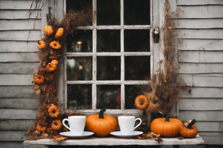 halloween holiday, the exterior of the old wooden house is decorated with pumpkins and leaves, old window and wall, holiday backgroundの素材
